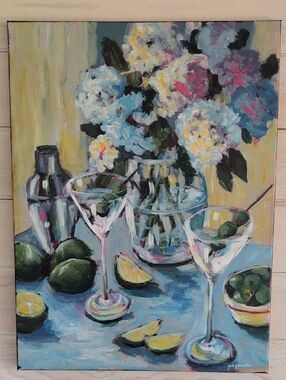 Colorful Hydrangea & Martini Tablescape Painting Original Artist Signed Canvas